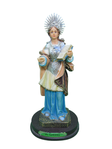 Estátua religiosa colorida de Santa Maria com coroa e livro