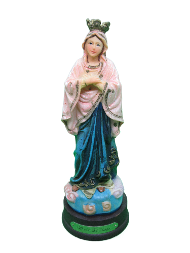 Estátua da Virgem Maria com manto azul e rosa, coroa dourada e base redonda