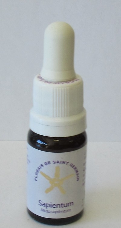 Frasco de vidro escuro com conta-gotas branco e rótulo branco com texto roxo e amarelo