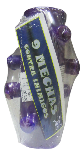 Pacote de sete mechas roxas para cabelo em embalagem plástica com etiqueta azul e branca