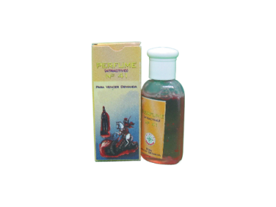 Frasco de perfume e caixa amarela com texto e ilustração