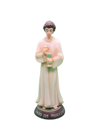 Figurinha decorativa de mulher em vestido branco com cálice e base preta com texto.