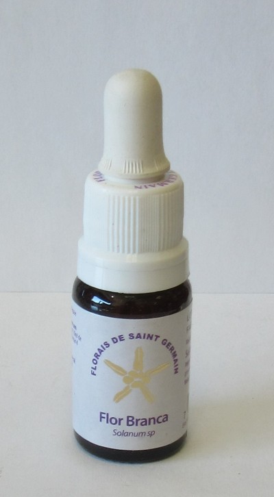 Frasco pequeno com conta-gotas e rótulo de flor branca