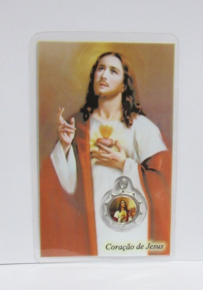 Cartão religioso com imagem de Jesus Cristo e medalha, texto Coração de Jesus