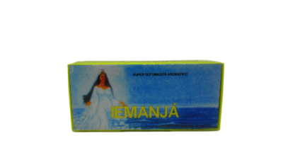 Caixa azul com figura feminina e texto EMANJÁ