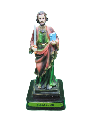 Estátua de S. Mateus colorida com espada e livro em base preta