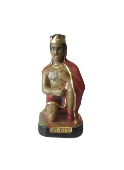 Figurinha de rei ajoelhado com coroa, capa vermelha e base preta com texto EXÚ RED
