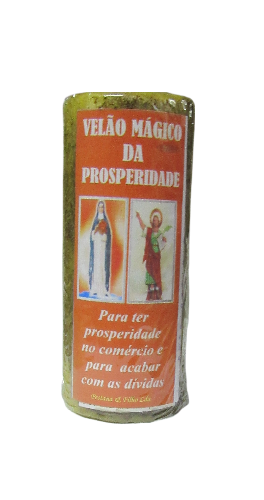 Velão mágico amarelo com etiqueta laranja e imagens religiosas