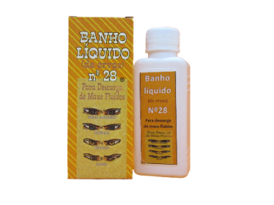 Frasco branco com banho líquido e caixa amarela, texto em português e desenhos de olhos