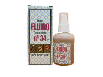 Frasco e caixa de líquido aromático Super FLUIDO nº 34 para atrair sorte