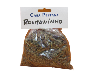 Pacote plástico com erva seca e etiqueta CASA PESTANA ROSMANINHO