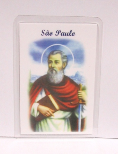 Cartão religioso com imagem de São Paulo segurando livro e espada com texto São Paulo