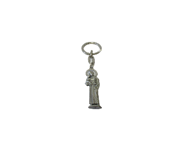 Pendente chaveiro com figura de santo prateado em fundo branco