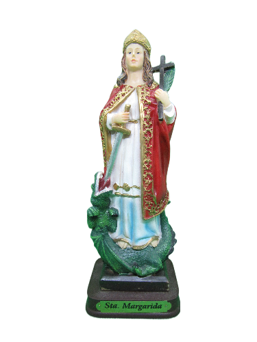 Estátua religiosa de Sta. Margarida com roupas coloridas e base preta