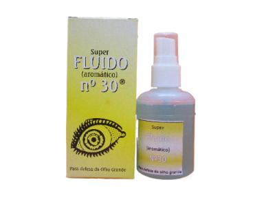 Frasco de spray e embalagem amarela com texto e desenho de olho