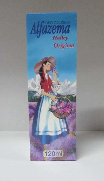 Embalagem azul de Deo Colónia Alfazema Halley Original com ilustração de mulher num campo de alfazema