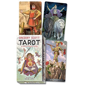 Cartas de tarot coloridas com figuras ilustradas e embalagem branca com texto.