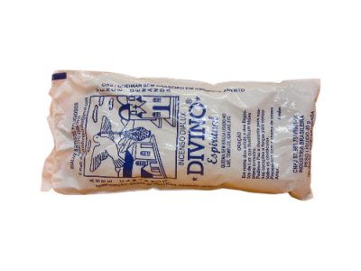 Pacote de incenso DAVINO empalado em embalagem plástica transparente com texto e ilustração azul