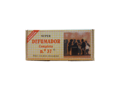 Embalagem amarelo e branca do Super Defumador nº 37 com imagem de silhuetas humanas e texto em laranja e preto