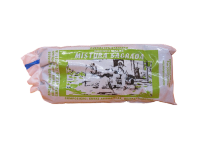 Pacote de incenso natural 'MISTURA SAGRADA' com rótulo e imagem separada em verde e branco