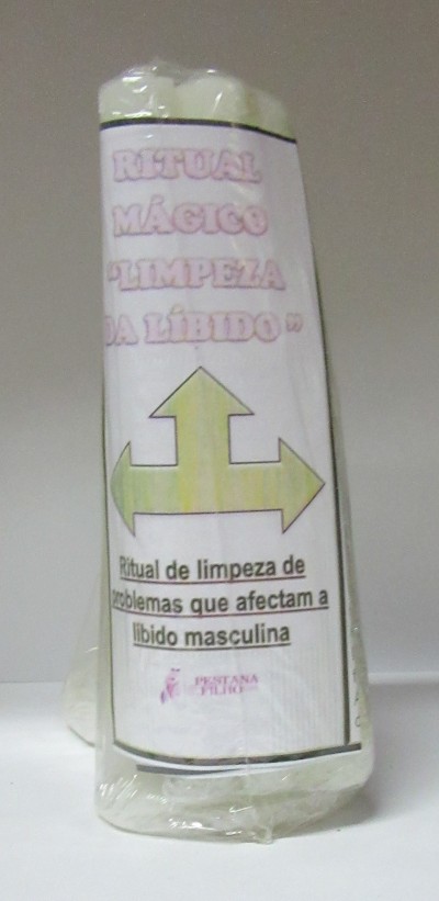 Produto embalado com rótulo branco com texto e seta amarela