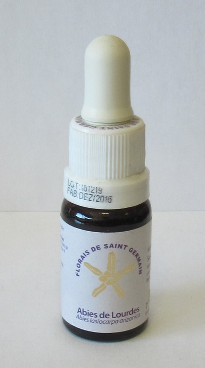 Frasco de florais com conta-gotas branco e rótulo com texto roxo