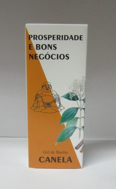 Caixa de gel de banho de canela com textos e ilustração de buda e folhas