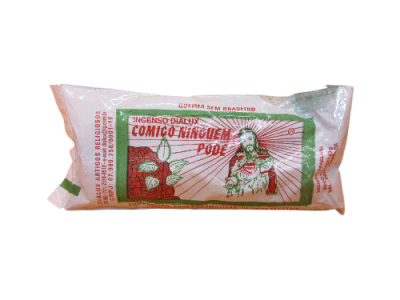 Pacote de incenso Daily Incenso com ilustração de coração e santo e texto 'COMIGO NINGUÉM PODE'