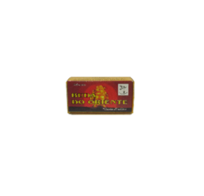 Barra de sabão embalado vermelho e amarelo com texto ISBIDA DO ORIENTE