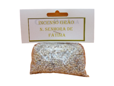 Pacote de incenso em grão com etiqueta branca e dourada N. Senhora de Fátima