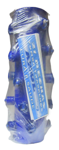 Recipiente azul com bocais, embalado em plástico com etiqueta azul e branca