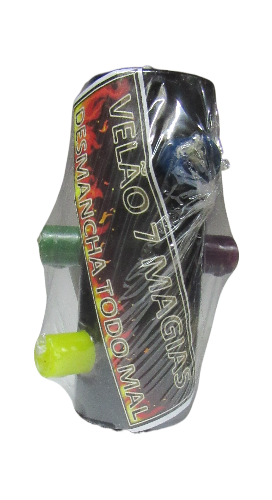 Produto embalado com pinos coloridos e etiqueta com texto VELAO 7 MAGIAS