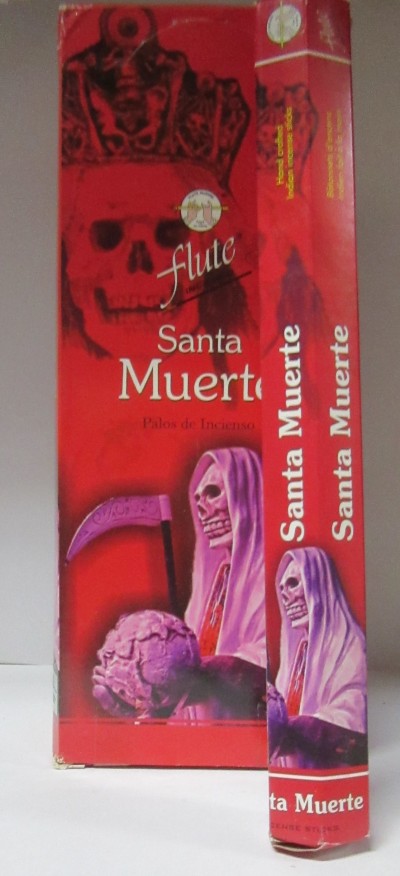 Caixa e embalagem de palitos de incenso Santa Muerte com imagem de caveira e Santa Muerte em vermelho e preto