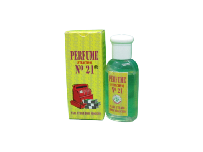 Frasco de perfume Nº 21 com embalagem amarela e verde