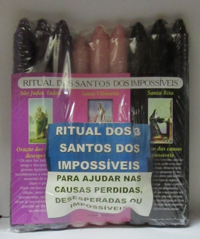 Conjunto de velas com imagens e texto ritual dos santos dos impossíveis