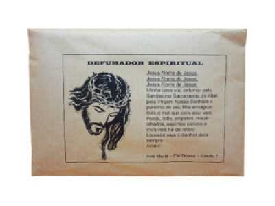 Pacote bege de defumador espiritual com imagem de Jesus e oração em português
