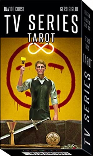 Embalagem do baralho TV SERIES TAROT com figura masculina e objetos temáticos