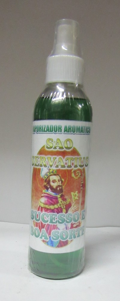 Frasco de spray com líquido verde e etiqueta de São Servatius
