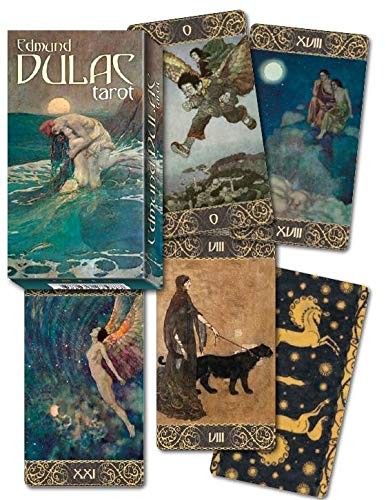 Baralho de tarot Edmund Dulac com quatro cartas e embalagem com imagem de casal na água