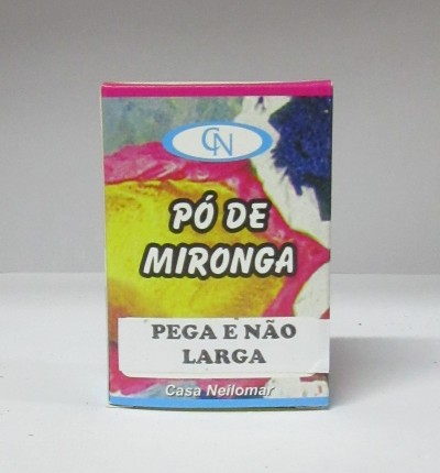 Embalagem colorida de Pó de Mironga com texto PEGA E NÃO LARGA