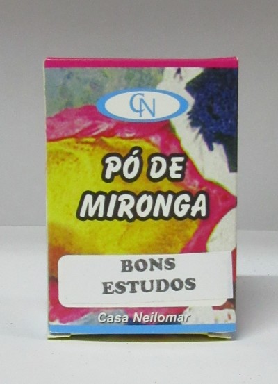 Embalagem colorida com texto Pó de Mironga e Bons Estudos, Casa Neilomar