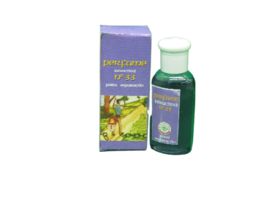 Frasco verde com tampa branca e caixa roxa com texto e imagem