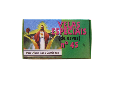 Embalagem de velas especiais de ervas com imagem religiosa e texto no rótulo.