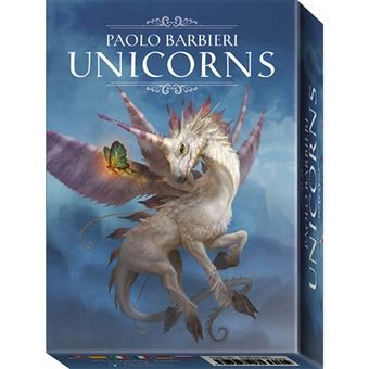 Caixa de jogo com ilustração de unicórnio alado e texto Paolo Barbieri UNICORNS