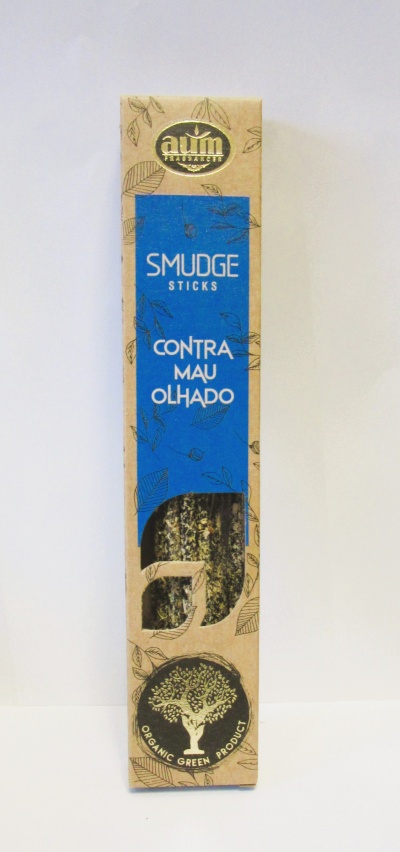Caixa de bastões de smudge com etiqueta azul e selo AUM.