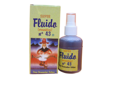 Frasco de spray e embalagem do produto SUPER Fluido Nº 43 com design amarelo e roxo e ilustração mística