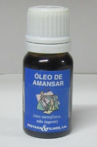Frasco de óleo com rótulo azul e tampa branca