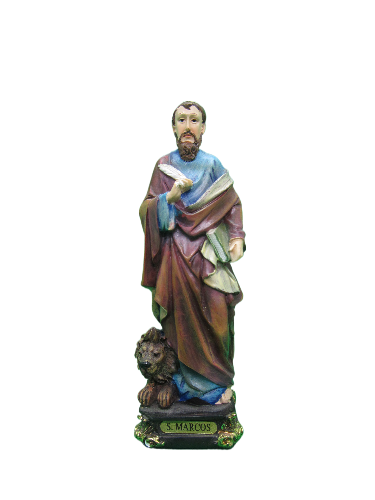 Estátua colorida de S. Marcos com leão e pergaminho