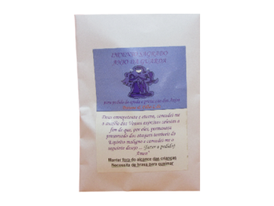 Pacote branco com etiqueta roxa e branca com texto e ilustração de anjo