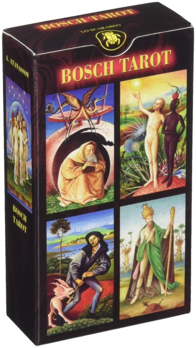 Caixa preta de baralho Bosch Tarot com ilustrações coloridas artísticas